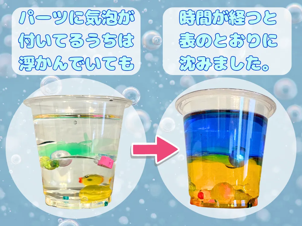 バイカラーボトルにいれるパーツについて。
パーツに気泡が付いてるうちは浮かんでいても、時間が経つと表のとおりに沈みました。