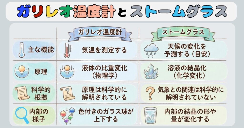 ガリレオ温度計とストームグラスの違いを説明したイラスト。
主な機能、原理、科学的根拠、内部の様子をそれぞれ説明。